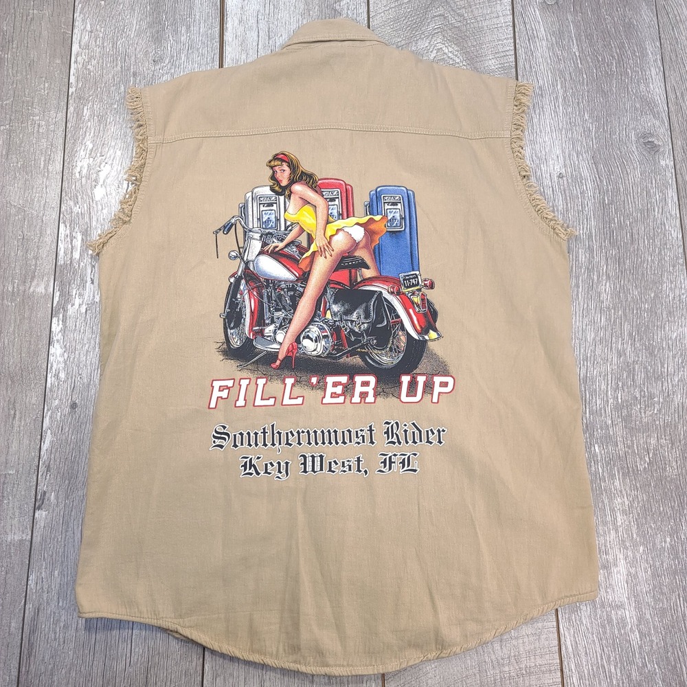 Bikerwear USA Sleeveless Shirt Mens Large Tan Pinup Graphic Key West Biker Vest